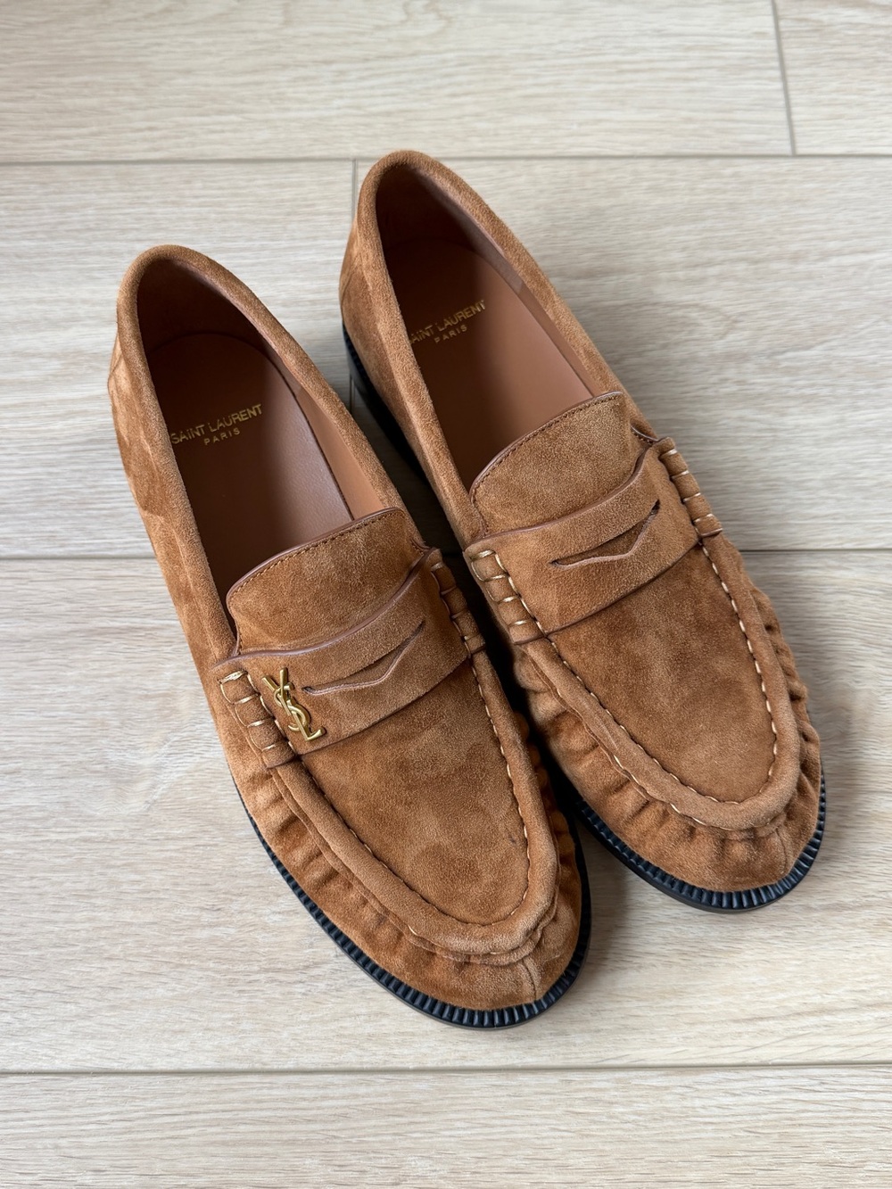 Saint Laurent Tan Suede Pleated Penny Loafers with Gold YSL Accent